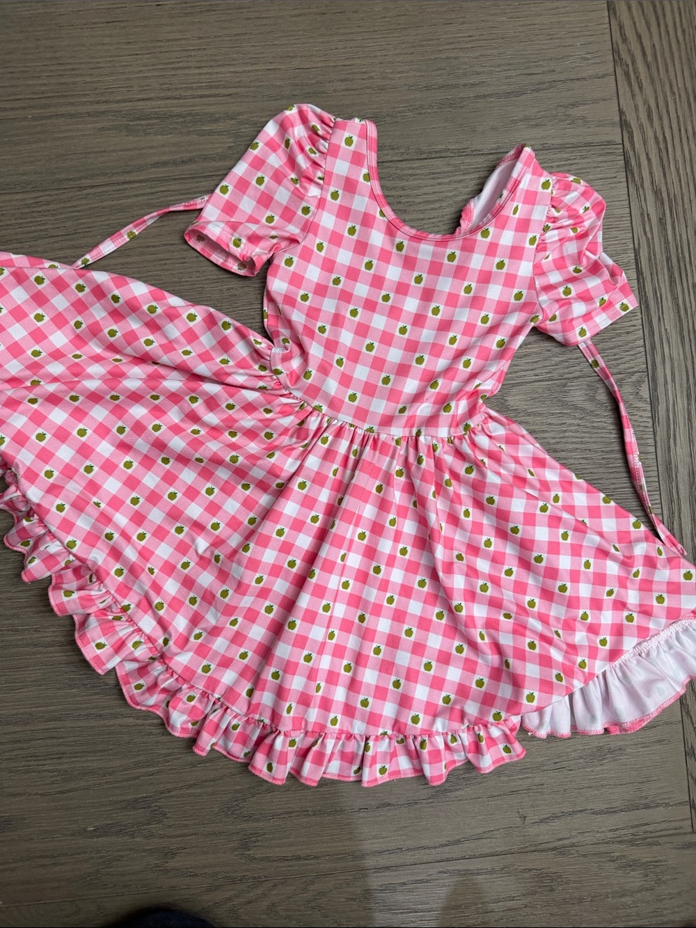 Girls' Pink Gingham Strawberry Dance Dress with Ruffle Hem
